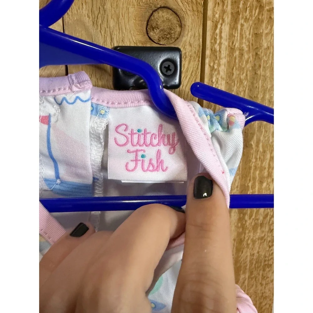 Stitchy Fish Baby Girl Sailboat Print Side Tie Bow Top Pink White 9M